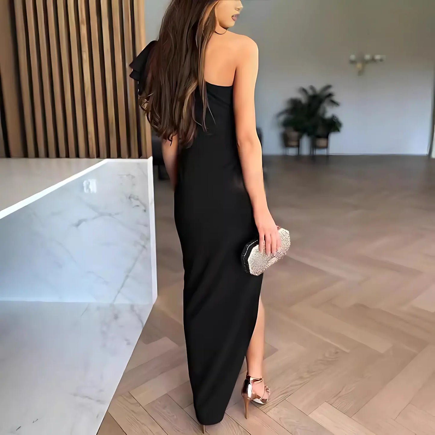 Caz | Off-shoulder Ruffle Sleeve Slit Dress